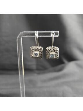 Sterling Silver Blue Topaz Earrings Square Filigree Dangle Vintage 925